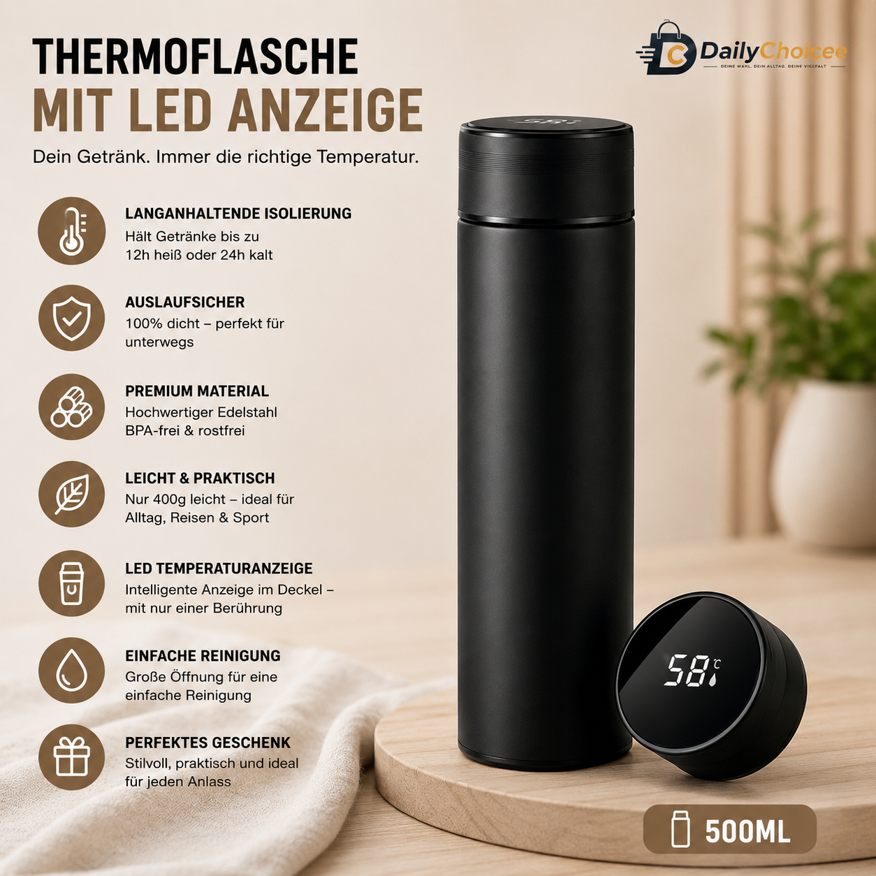 Thermoflasche mit LED Anzeige